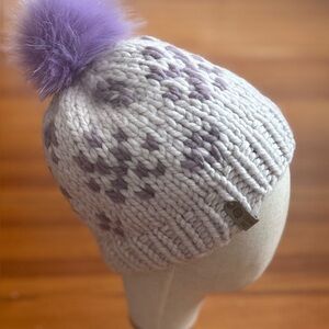 Handknit Merino Wool Beanie: White & Lavender Snowflake Hat with Faux Fur Pom